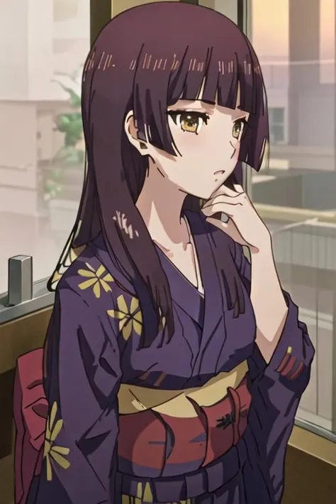 best quality, masterpiece, highres, solo, {yukata:1.40}, {kimono:1.20}, {taniguchi_harumi_citrus:1.15}, long_hair, brown_eyes, bangs, brown_hair, blunt_bangs, yellow_eyes
