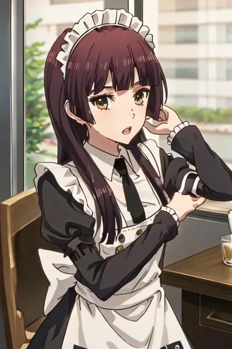 best quality, masterpiece, highres, solo, {maid:1.40}, {long maid dress:1.15}, {taniguchi_harumi_citrus:1.15}, long_hair, brown_eyes, bangs, brown_hair, blunt_bangs, yellow_eyes