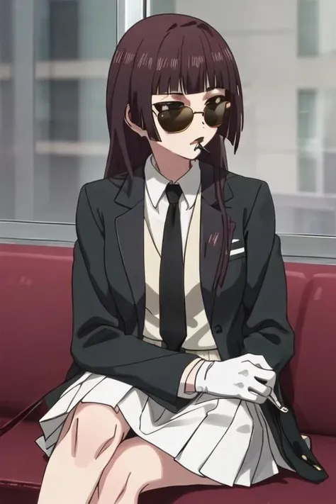 best quality, masterpiece, highres, solo, {black business suit:1.40}, {tie:1.20}, {sunglasses:1.25}, {white gloves:1.15}, {white shirt:1.10}, {black skirt:1.15}, {smoking:1.20}, handsome, {taniguchi_harumi_citrus:1.15}, long_hair, brown_eyes, bangs, brown_hair, blunt_bangs, yellow_eyes
