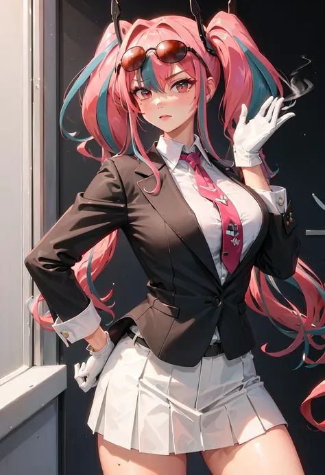 best quality, masterpiece, highres, solo, {bremerton_azurlane:0.90}, {black business suit:1.40}, {tie:1.20}, {sunglasses:1.25}, {white gloves:1.15}, {white shirt:1.10}, {black skirt:1.15}, {smoking:1.20}, handsome