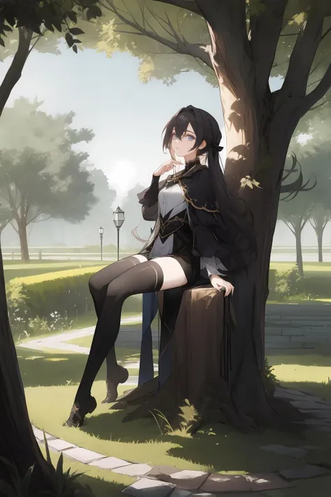e7style, 1girl, black thighhighs, sitting, yard, tree,
<lora:e7stylev2:1>,