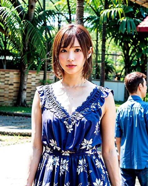 best quality, 1girl, (skindentation), (huge breast:1.2), (blur background:0.6), in a crowded amusement park, (casual yet stylish, elegant cloth,floral dress:1.5 ), gorgeous, (short hair:1.5), soft lighting, wind, (front light:1.5), surprised, <lora:javMoe_v11:0.8>