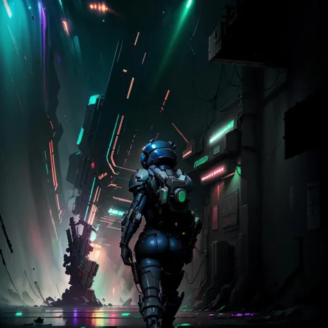 narrative image of (portrait of soldier), man in black space battle suit, (looking in camera), holding chainsaw in his hands, walking along a slams of futuristic city, explosions on background<lora:machi-000020:1>. 50mm lens, f/3.5, storytelling, context setting
