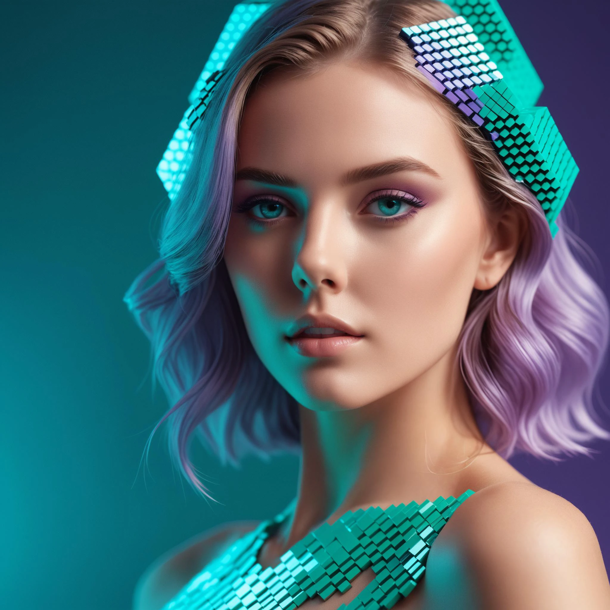 professional studio quality, fashion photography portrait of a model naked 22y, in teal-lilac constructed of millions of voxels body, each voxel has a distinctive visible hexagon:1.3 face, cinematic, super realistic, amazing, highly reflective, depth of field,