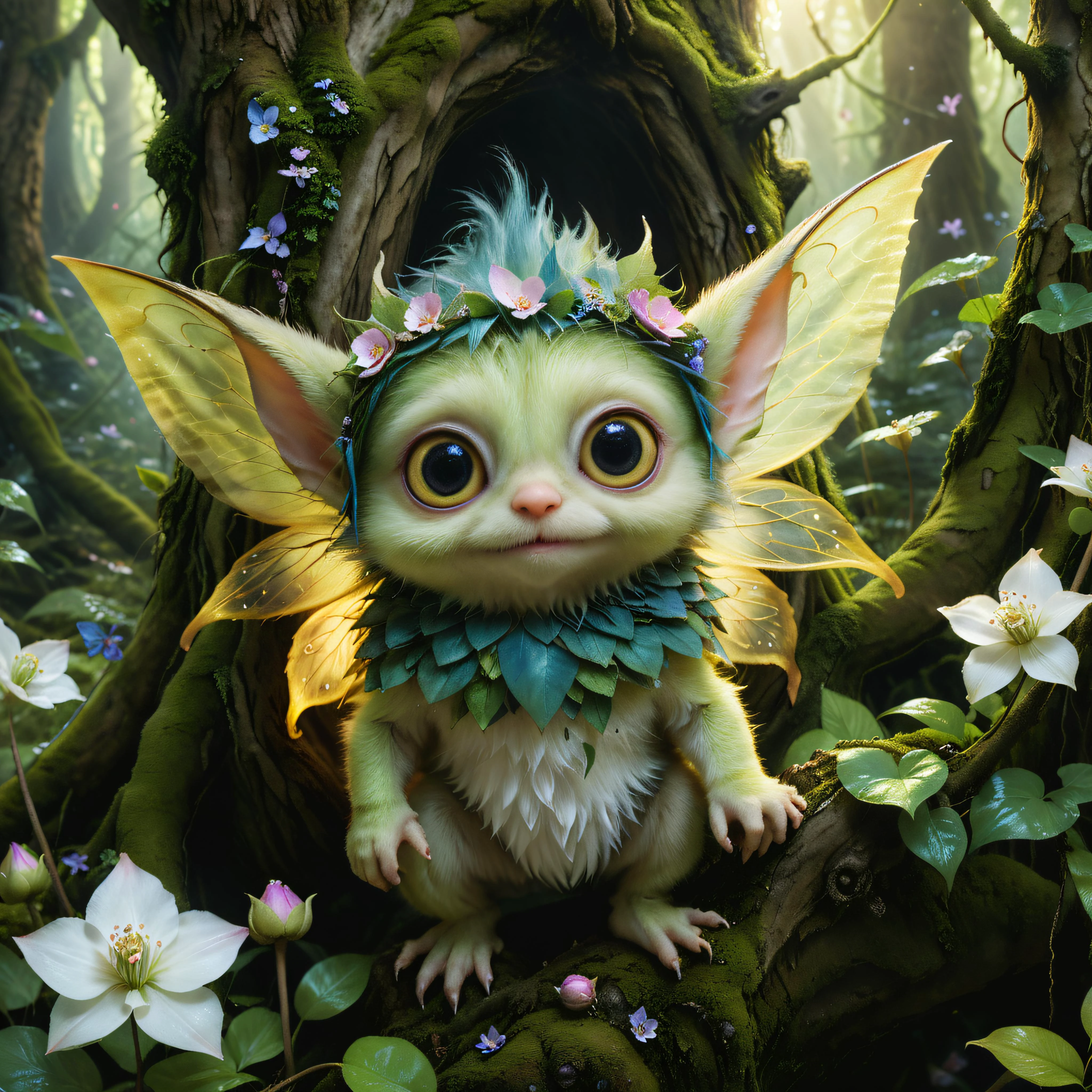 (high quality1.4), (exquisite masterpiece1.5),
A cute colorful fluffy kawaii fluffy ddler goblin, huge kind eyes, professional wildlife photography, in a fantasy swamp forest,(exceptionally detailed1.6),
4K UHD, 8K UHD, High-definition, amazing capturing In style of Brian Froud, trending on Saatchi Art, captures the (whimsical charm1.3) of an (enchanted forest1.3). (Luminous fairies1.4) dance among (ancient trees1.3), and (shimmering petals1.4) grace the (enchanting glade1.3)