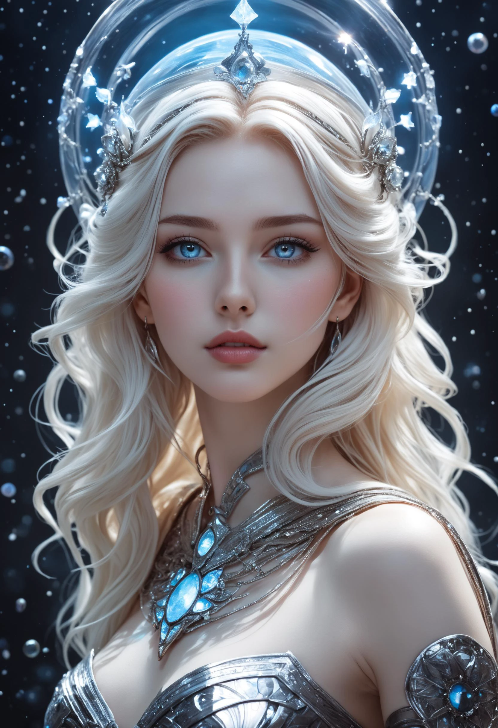 fantastic epic masterpiece, ((full-body-shot)), standing masterpiece, highest esthetic score, photo of an exquisitely beautiful pale skin european 1girl, 19yo, modern implementation of sci-fi "botichhelli The Birth of Venus"starlight falls on beautiful young face. Depth of field, insane details:1.4, ultra detailed, absurdres, 1:280f Zeiss lens, long aperture, fiery opal, platinum, obsidian, Iridium ,feet in the shell, extraterrestrial sight, intricate background, style by Hyung Jun Kim, bare feet, piercing eyes, detailed pupils, high-resolution texture face, luminous face, Ethereal glow , cinematic, reallife!,fantasy details,Jasmine Beckett Griffith, Karl Brulov, Peter Rubens , sharp focus, hyperdetailed, beautiful, mysterious,