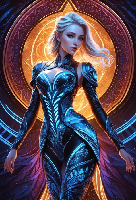 thighs-up, fantastic epic masterpiece, ((full-body-shot)), standing masterpiece,   highest esthetic score, photo of an exquisitely beautiful pale skin  european 1girl, futuristic fantasy figure in style of vector batik made of neon ink.
(epic graphic work from most famous fantasy book1.5), (stellar masterpiece1.6), (visually breathtaking1.7), 16K, An awe-inspiring lines  made with neon light in the complete darkness captures the essence of an (epic graphic work from most famous fantasy book1.3), with (fractal design1.4) and (intricate details1.4) unfolding. The (vector brilliance1.4) adds to the (alluring  atmosphere1.4) surrounding this (timeless eternal moment1.4). Trending on Fantasy Art Hubs.
32K, Quantum dot, UHDR, luminous face, Ethereal glow , cinematic, reallife!,fantasy details,Jasmine Beckett Griffith, Karl Brulov, Peter Rubens , sharp focus, hyperdetailed, beautiful, mysterious, 