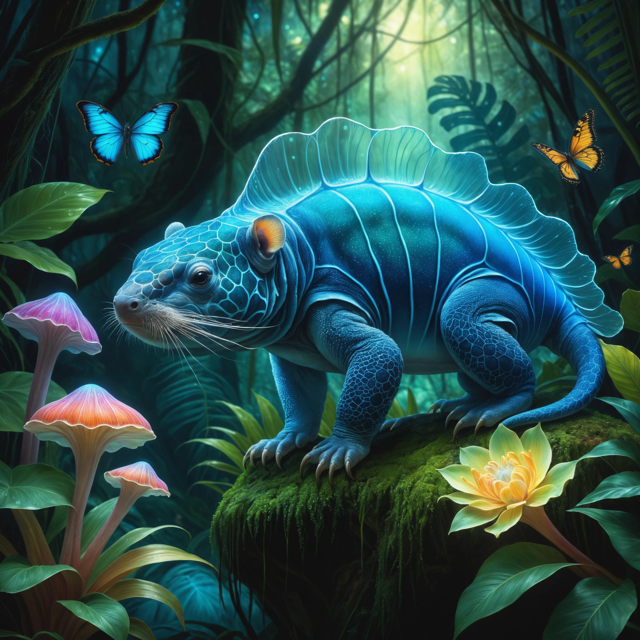 translucent and bioluminescent animal, xray art, background exotic jungle, illustration, extreme detail, digital art, 4k, ultra hd, oil painting, impressionist, pastel colors, illustration, beautiful, cinematic lighting, highly detailed, mark ryden, hyper-realistic, hyper-detailed, airbrush art, by Josephine Wall, ultra hd, realistic, vivid colors, highly detailed, UHD drawing, pen and ink, perfect composition, beautiful detailed intricate insanely detailed octane render trending on artstation, 8k artistic photography, photorealistic concept art, soft natural volumetric cinematic perfect light