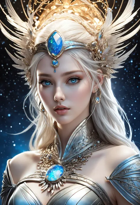 fantastic epic masterpiece, ((full-body-shot)), standing masterpiece, highest esthetic score, photo of an exquisitely beautiful pale skin european 1girl, 19yo, modern implementation of sci-fi "botichhelli The Birth of Venus"starlight falls on beautiful young face. Depth of field, insane details:1.4, ultra detailed, absurdres, 1:280f Zeiss lens, long aperture, fiery opal, platinum, obsidian, Iridium ,feet in the shell, extraterrestrial sight, intricate background, style by Hyung Jun Kim, bare feet, piercing eyes, detailed pupils, high-resolution texture face, luminous face, glowing Elvish, cinematic, reallife!,fantasy details,Jasmine Beckett Griffith, Luis Royo, van gogh,sharp focus, hyperdetailed, beautiful, mysterious,