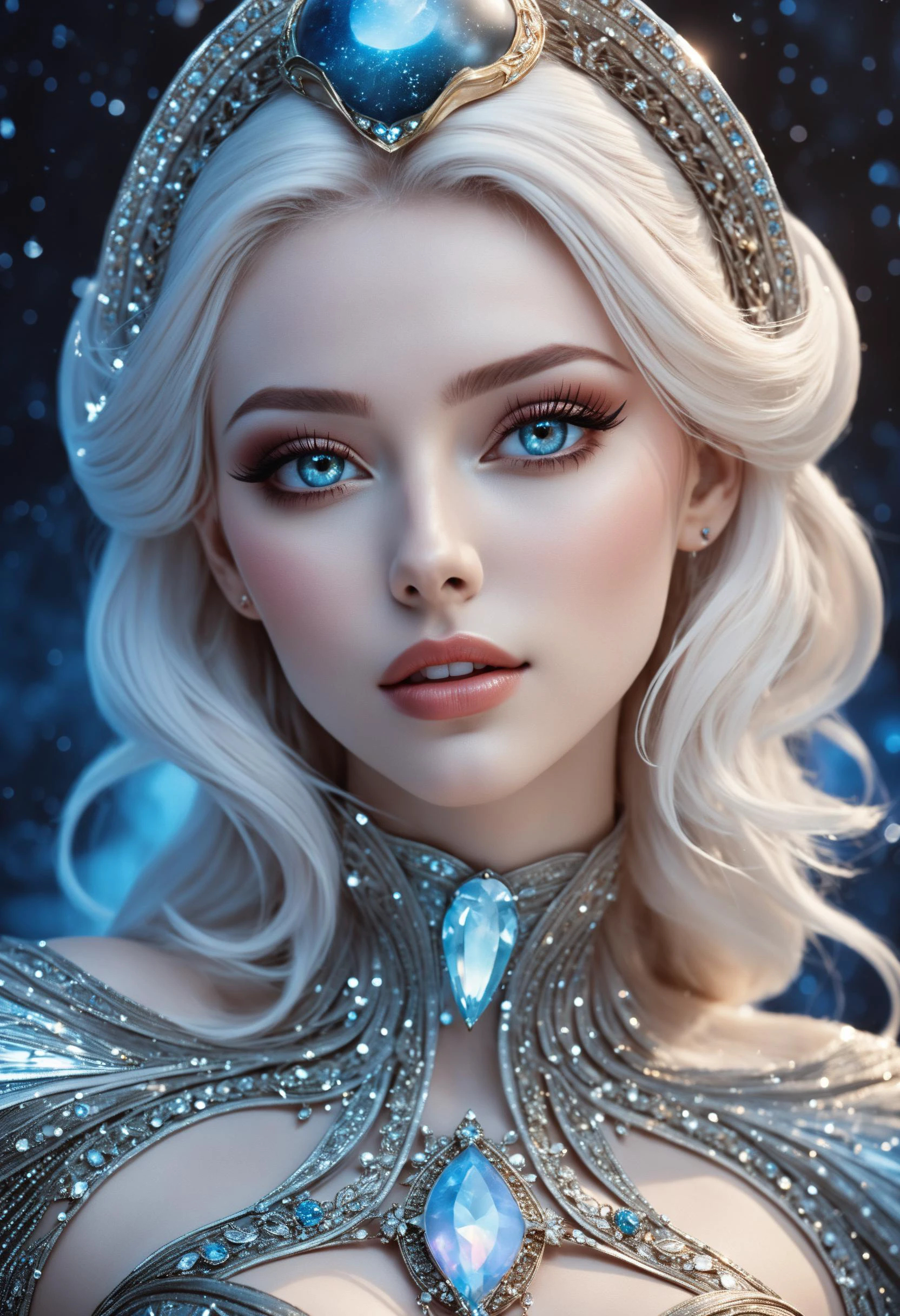 (masterpiece:1.1), (best quality:1.1), piercing ultra-details, (aesthetic:1.1), fantastic epic masterpiece, ((full-body-shot)), (dynamic standing pose:1.0) masterpiece, highest esthetic score, photo of an exquisitely beautiful pale skin european 1girl, 19-year-old, modern implementation of sci-fi "botichhelli The Birth of Venus"starlight falls on beautiful gorgeous detailed young face. Depth of field, insane details:1.4, ultra detailed, absurdres, 1:280f Zeiss lens, long aperture, fiery opal, platinum, obsidian ,feet in the shell, extraterrestrial sight, intricate background, style by soa nala Lee, bare feet, piercing eyes, detailed pupils, highresolution texture face