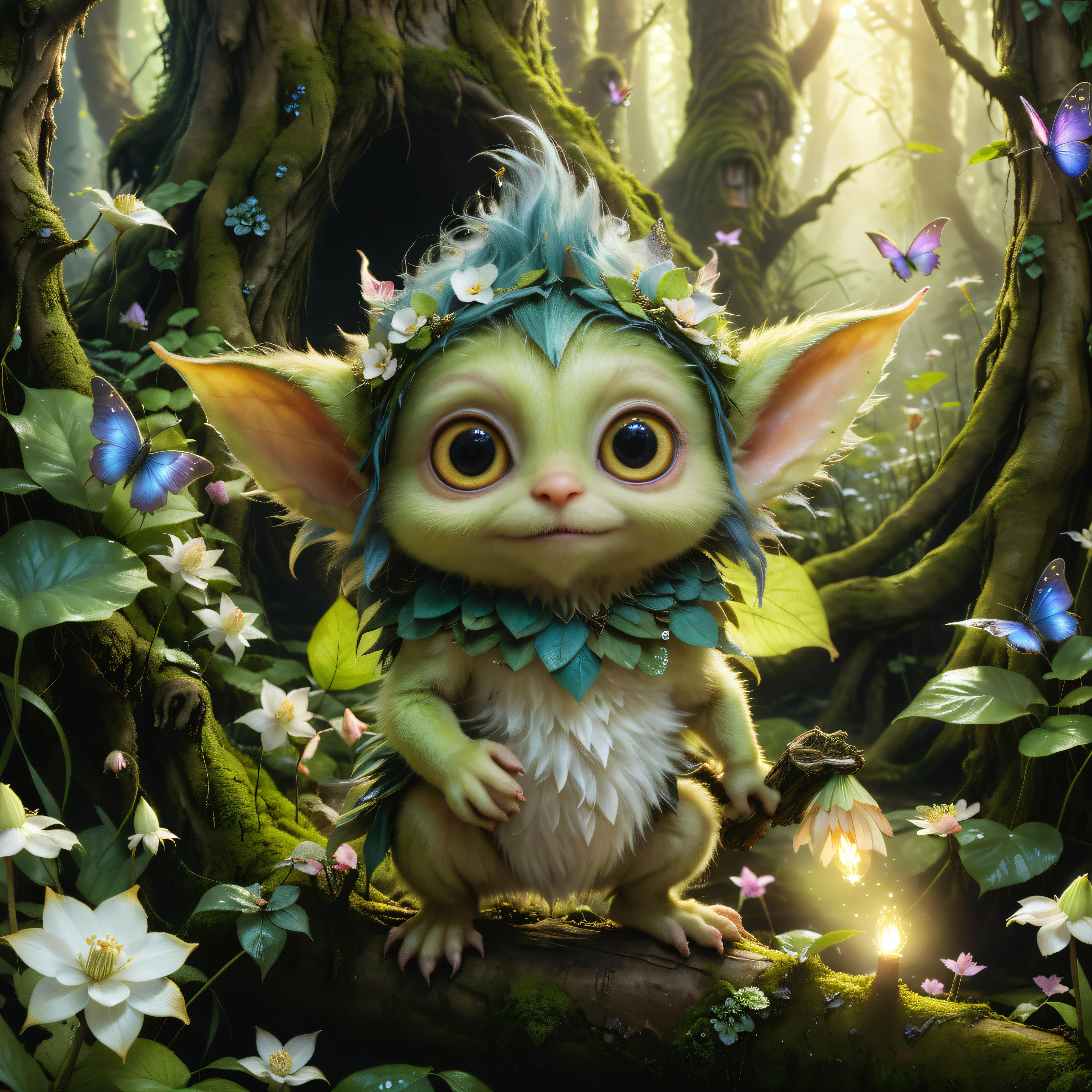 (high quality1.4), (exquisite masterpiece1.5),
A cute colorful fluffy kawaii fluffy ddler goblin, huge kind eyes, professional wildlife photography, in a fantasy swamp forest,(exceptionally detailed1.6),
4K UHD, 8K UHD, High-definition, amazing capturing In style of Brian Froud, trending on Saatchi Art, captures the (whimsical charm1.3) of an (enchanted forest1.3). (Luminous fairies1.4) dance among (ancient trees1.3), and (shimmering petals1.4) grace the (enchanting glade1.3)