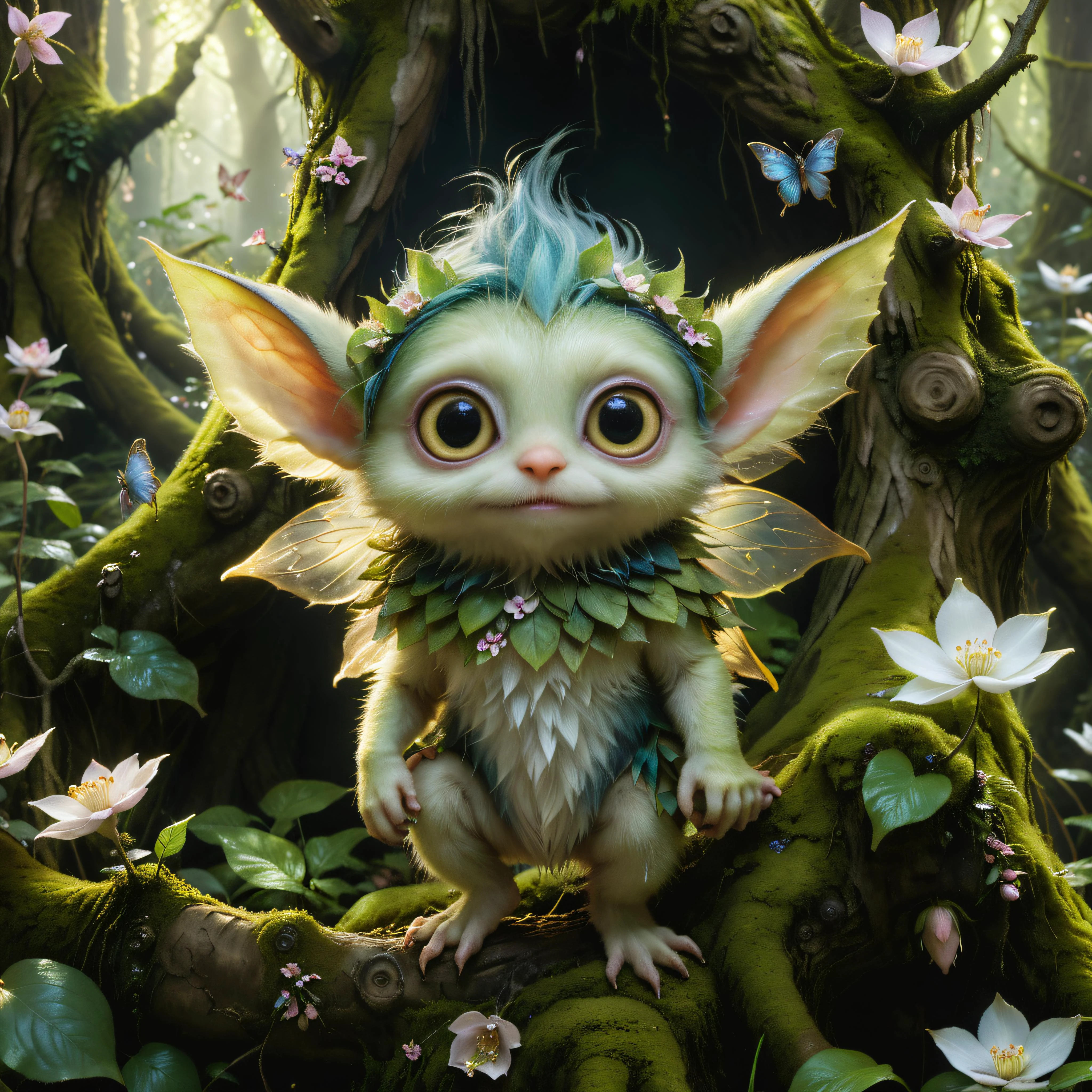 (high quality1.4), (exquisite masterpiece1.5),
A cute colorful fluffy kawaii fluffy ddler goblin, huge kind eyes, professional wildlife photography, in a fantasy swamp forest,(exceptionally detailed1.6),
4K UHD, 8K UHD, High-definition, amazing capturing In style of Brian Froud, trending on Saatchi Art, captures the (whimsical charm1.3) of an (enchanted forest1.3). (Luminous fairies1.4) dance among (ancient trees1.3), and (shimmering petals1.4) grace the (enchanting glade1.3)