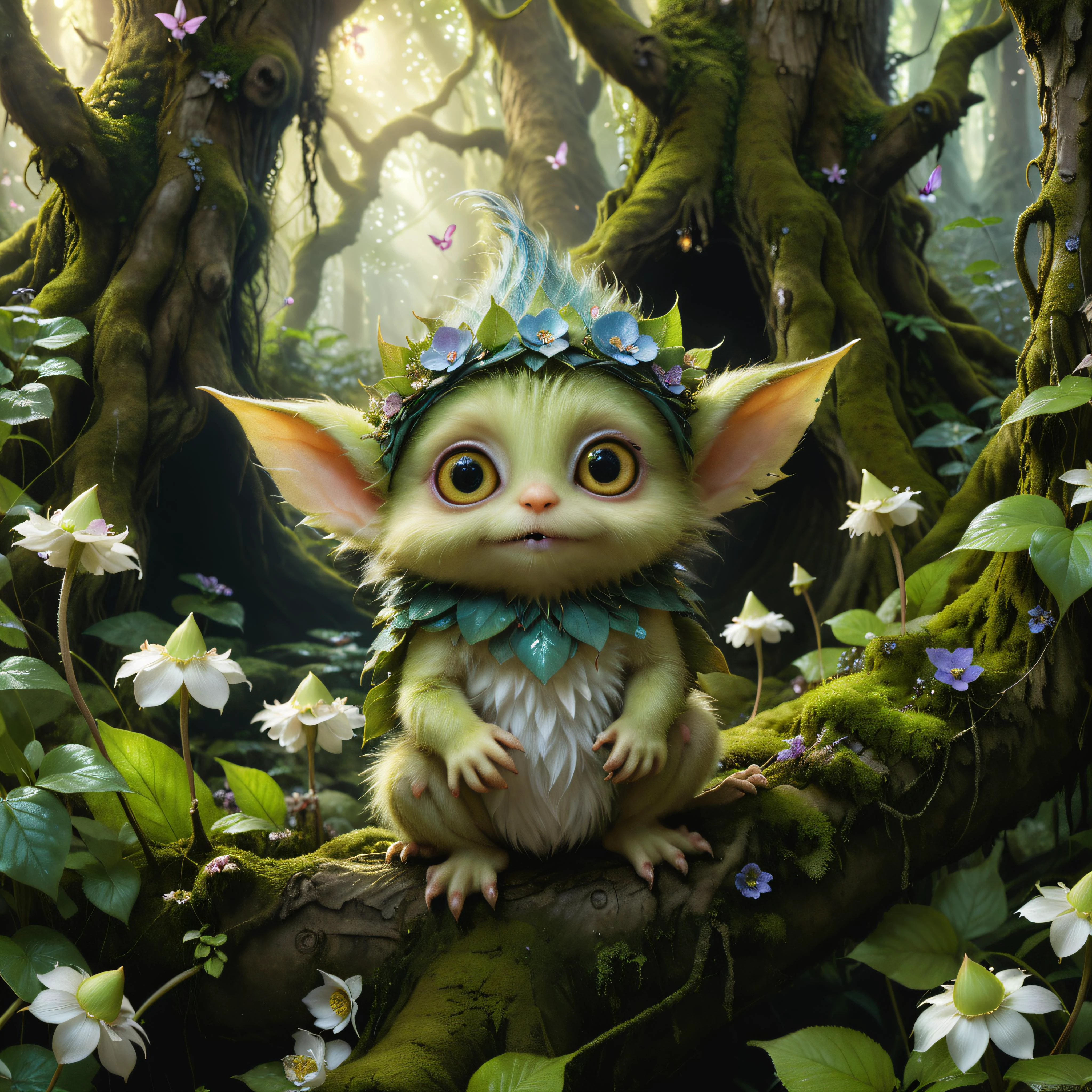 (high quality1.4), (exquisite masterpiece1.5),
A cute colorful fluffy kawaii fluffy ddler goblin, huge kind eyes, professional wildlife photography, in a fantasy swamp forest,(exceptionally detailed1.6),
4K UHD, 8K UHD, High-definition, amazing capturing In style of Brian Froud, trending on Saatchi Art, captures the (whimsical charm1.3) of an (enchanted forest1.3). (Luminous fairies1.4) dance among (ancient trees1.3), and (shimmering petals1.4) grace the (enchanting glade1.3)