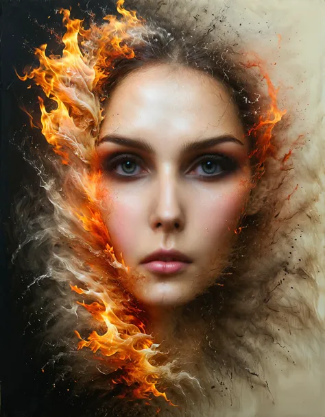 Surreal fire angel, Wings made from fire, dark backdrop, intricate lighting, Beautiful face, correct hands