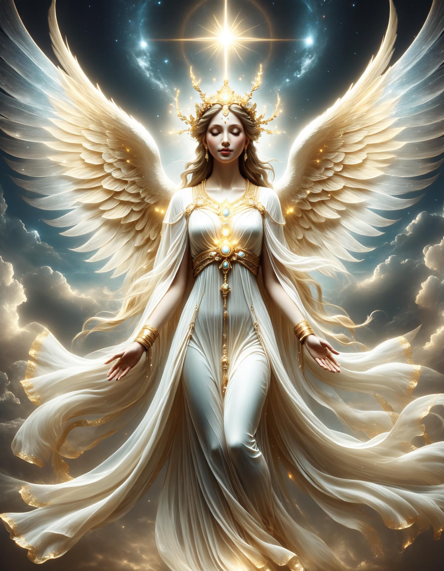 A woman with angel wings and a halo above her head - SeaArt AI