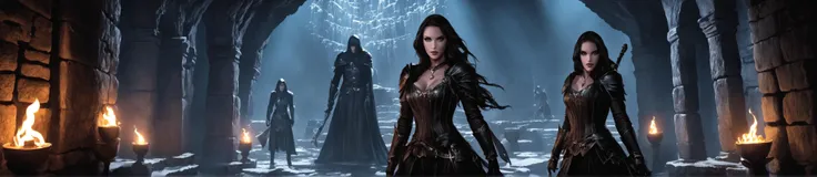 (high quality1.2), (masterpiece1.2), (detailed1.4), 32K UHD, Deep within the ancient catacombs, a 19-year-old sorceress stands with breathtaking realism amidst a formidable race of dark elves, their sinister presence palpable in the flickering torchlight. Her skin, bathed in the dancing glow, exhibits the subtle nuances of humanity, while her azure eyes emanate an otherworldly intensity. Beside her, the dark elves, portrayed with astonishing detail, exude an aura of ancient wisdom and power as they guard the secrets of the catacombs. The torches cast dynamic shadows on intricately carved walls, adding to the cinematic allure of the scene. Using a state-of-the-art Sony Alpha 1 with ultra-realistic aperture settings and a torchlit temple backdrop, the photographer captures the haunting beauty of the ancient catacomb. From magic binders to glowing glyphs, neon tattoos to intricate fractal designs, every element is meticulously rendered in this spellbinding composition, evoking an atmosphere that is both alluring and magical, undead army, pointing on a camera with a finger, hovering above the floor, illusive and hallucinating, distorting in the air, huge spider black widow,skull collar