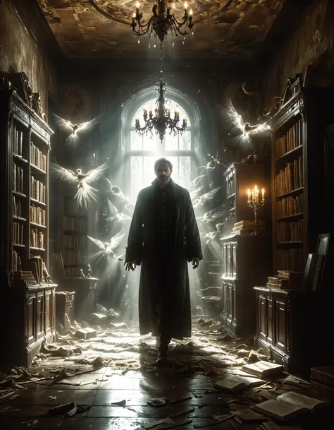 Amidst a dimly lit, dilapidated mansion, a team of exorcists perform a desperate ritual to banish an otherworldly entity. The air crackles with energy as books fly off shelves, furniture levitates, and shadows dance on the walls. With detailed photorealism, the scene captures the chaos and tension of the exorcism, with every object and particle meticulously rendered to convey the abnormal physics at play.