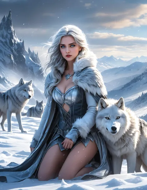 (high quality1.2), (masterpiece1.2), (detailed1.4), 32K UHD, Amidst the howling winds of a frozen wasteland, a 19-year-old girl stands amidst a pack of winter wolves in a professional thigh-up photograph. Her silver hair whips around her face, while her eyes gleam with fierce determination. The camera captures the intricate texture of her skin, each frost-covered pore a testament to the harshness of her environment. As she raises her hand, the wolves around her lower their heads in submission, their breath forming clouds of icy vapor in the frigid air. The wasteland stretches out before them, a barren expanse of snow and ice, punctuated only by jagged peaks and frozen rivers. Using a Fujifilm GFX 100S with a polar vortex aperture setting (f/5.6), ISO 400, and a frozen wasteland backdrop, the photographer captures the stark beauty of the winter wilderness with unmatched clarity. The girl's pose is commanding, her presence dominating the desolate landscape, while the depth of the scene adds to the sense of isolation.