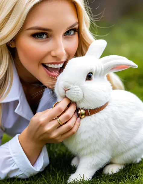 professional  macro shot, a sitting on a butt a cute white female bunny holding (engraved ring) in its mouth, picking up and  holding a (large   GOLDEN RING) , smelling good, having a snack, national geographic photo, national geographic photo shoot,, award winning nature photo, natural beauty, national geographic photography, peaceful expression, just a cute little thing, by Alison Geissler, national geographic photo , bashful expression, bokke,1ring, perfect fur,  licking it,
looking at the camera, telescopic shot, with a look of 'look what i have found!',  long eyelashes, using forelegs