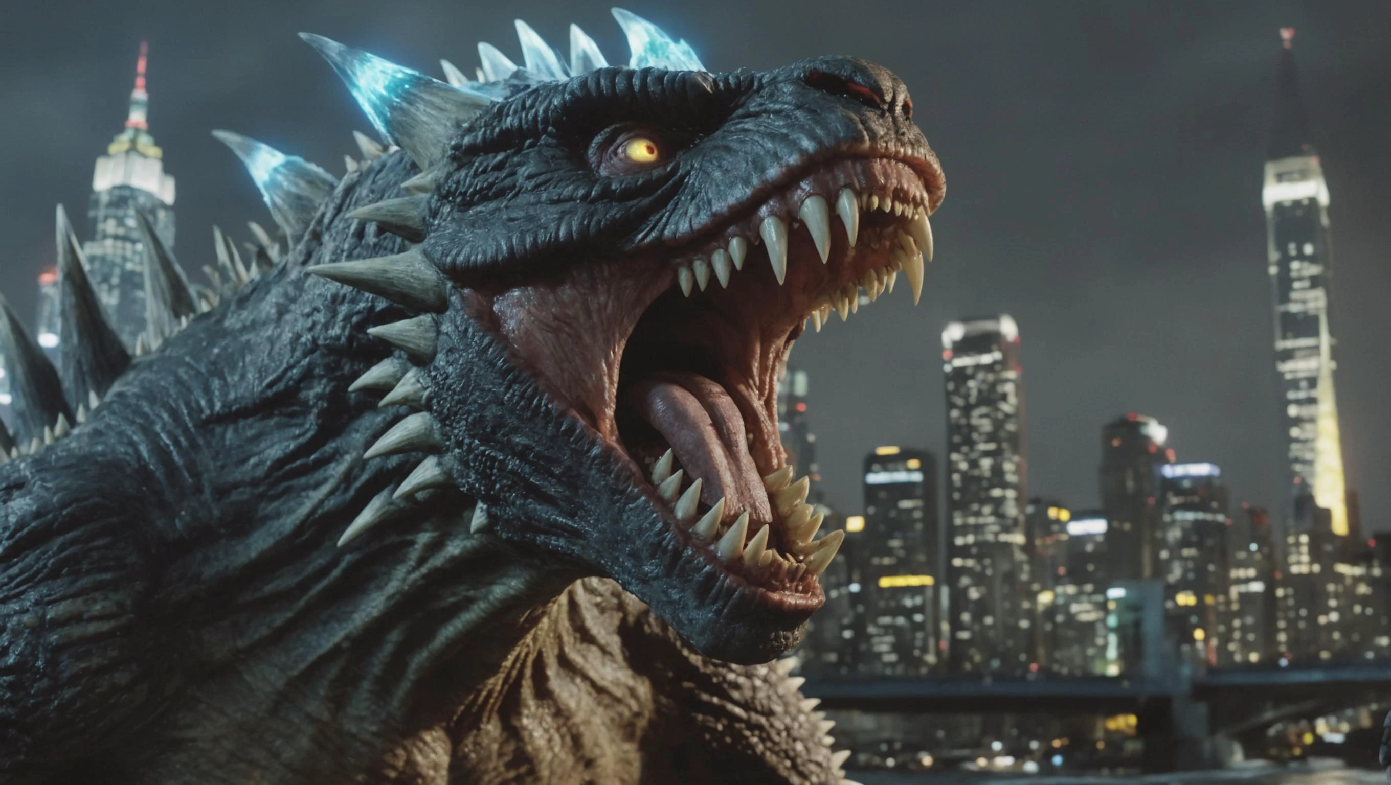 photo of
claws, glowing, kaijuu, monster, no humans, open mouth, sharp teeth, size difference, spikes, teeth, cityscape
,sharp focus, 32k, highly detailed, masterpiece