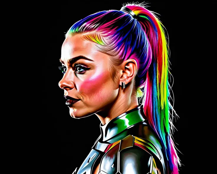 <lora:mandalorian_SDXL:0.5> mandalorian<lora:Grogu:0.8>, designed by Christopher Nolan, cinema art, Oil painting, Enchanted Hateful Cottagecore (Julianne Hough:1.1) , Leaning forward, Rainbow hair styled as Ponytail, Roma Lipstick, Bastardcore, Selective focus, "Paint it black.", movie still, highly decorated, inspired, dynamic dramatic composition, perfect background, vivid colors, theatrical