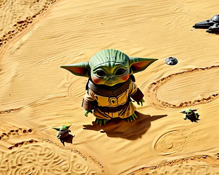 Birdseye view  <lora:mandalorian_SDXL:0.9> mandalorian<lora:Grogu:0.8> Grogu training at the mandalorian camp mandalorian observing from the distance as Grogu uses the force