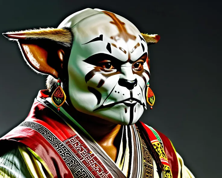 <lora:mandalorian_SDXL:0.5> mandalorian<lora:Grogu:0.8>, rear angle of a Energetic Yuan Dynasty Male Pandaren, Chestnut hairstyle, Handkerchief, Earrings, Foggy, in focus, flat lighting, manly, 2d, rich deep colors, cinematic perfect intricate stunning fine detail, ambient illumination, pure, exquisite color, luxury, complex, great composition