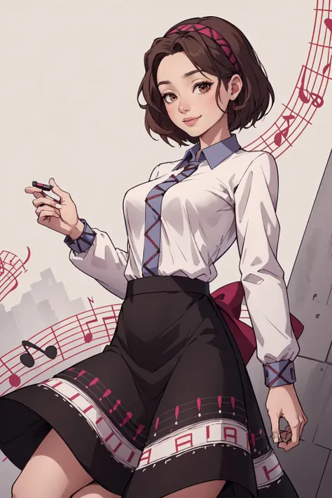 (masterpiece, best quality, 4k, aesthetic, detailed, intricate),abstract background,1girl, tsukumo yatsuhashi, hairband,happy,shirt, long sleeves, skirt, musical note,brown eyes <lora:touhou_yatsuhashitsukumo:0.8>