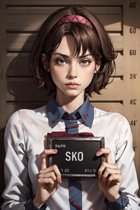(masterpiece, best quality, 4k, detailed, intricate, realistic),hairband,barbie mugshot, holding sign,height chart,upper body,1girl, frown,tsukumo yatsuhashi,shirt, long sleeves,brown hair <lora:touhou_yatsuhashitsukumo:1> <lora:barbie_mugshot_A:0.8>
