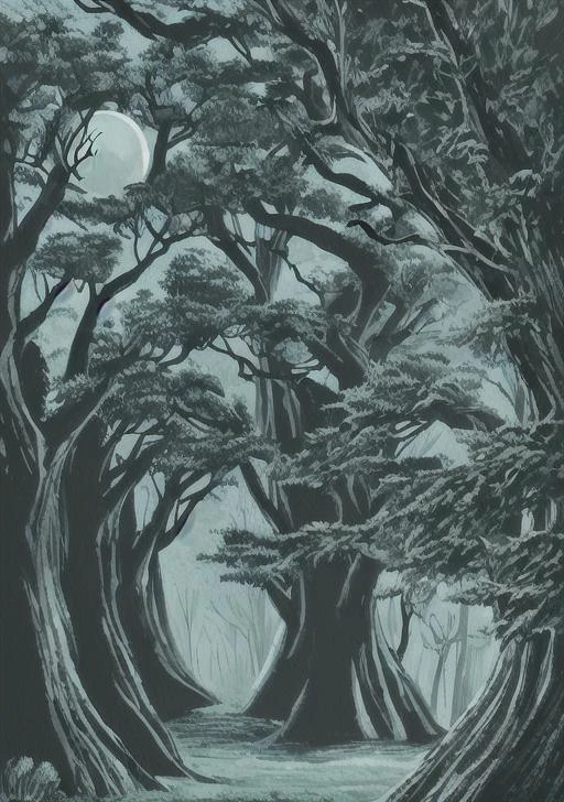 a spooky forest with tall, gnarled trees and a full moon shining through the branches.