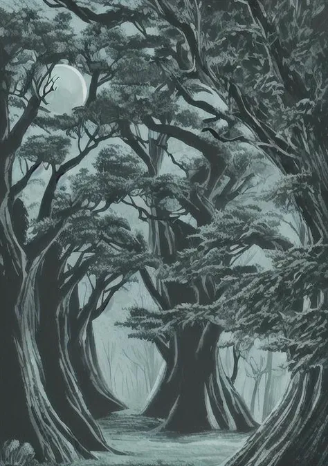 a spooky forest with tall, gnarled trees and a full moon shining through the branches.