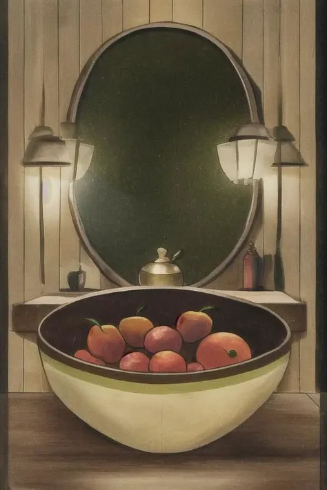 Wooden Bowl of various fruit on a glass table in a room full of mirrors and glass windows, reflections, Rembrandt lighting, dappled sunlight