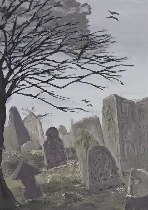 a cemetery, landscape, spooky, night