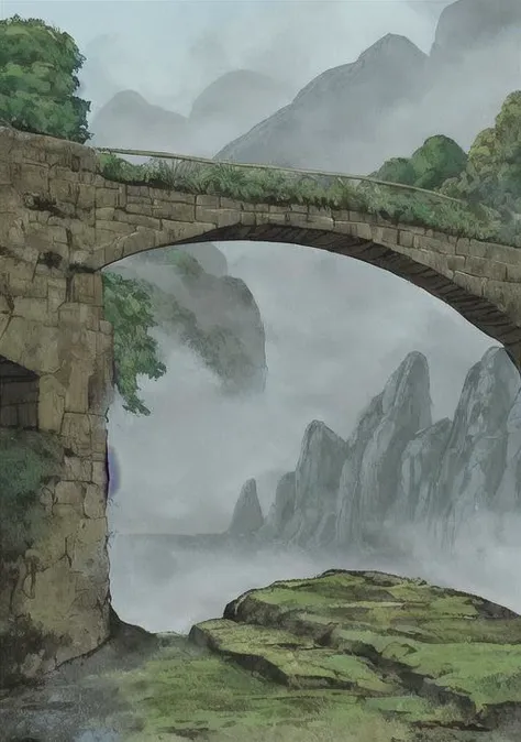 an old, rickety bridge spanning a deep gorge. The bridge should be surrounded by dense fog, making it feel treacherous and mysterious.