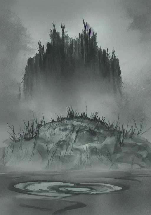 a dark and eerie swamp with dense fog hanging low. The water should be murky, with eerie glowing eyes peering out from beneath the surface