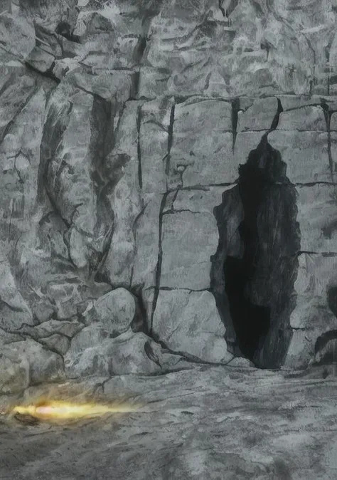 a hidden cave with ancient hieroglyphics on the walls. The cave should be dimly lit, with flickering torches and eerie echoes