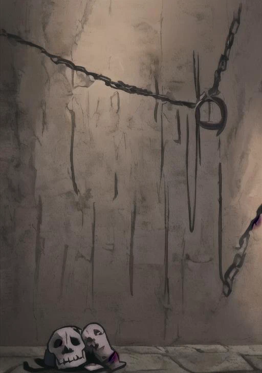 a spooky dungeon, underground, dark and moody, Natural lighting, low angle, chains on the wall, torture chamber, skulls