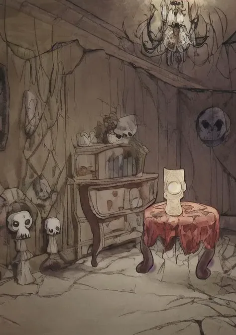a spooky room in a haunted house with a skull on a table, spider webs, candlelight