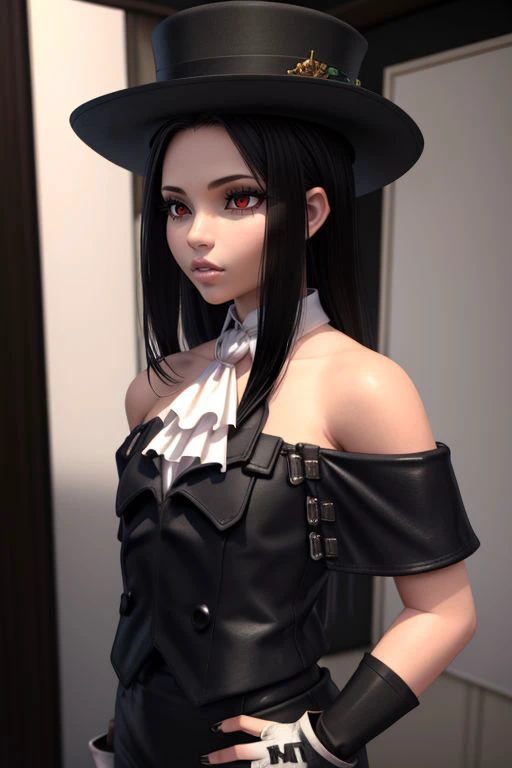 <lora:add_detail:0.5> <lora:copax_charm_eu:0.0> (1girl,3d, photorealistic,masterpiece, best quality, intricate), sulky, seductive pose, theater,
other focus, 1other, testament \(guilty gear\), androgynous, black hair, red eyes, hat, formal, ascot, fingerless gloves, bare shoulders <lora:guiltygear_testament:0.9>