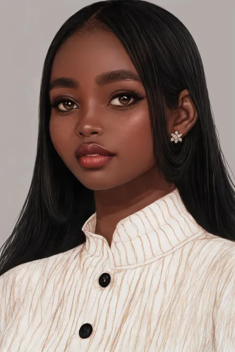 a portrait of a noble lady, ((very dark skin)), ((dark skin)), ((dark-skinned female)), ((cream-colored frilly billow sleeved dress)), ((curly hair)), ((big hair)), ((long hair)), portrait, ((chubby face)) ((fat face)), ((round face)), ((chubby)), victorian dress, ((dark skin)), freckles, ((black hair)), close up, ((coily hair)), ((ebony skin)), ((very ebony skin)), ((very dark ebony skin)), ((plump)), ((fat)), rococco, line anime, full lips, <lora:EMS-13232-EMS:1.300000>