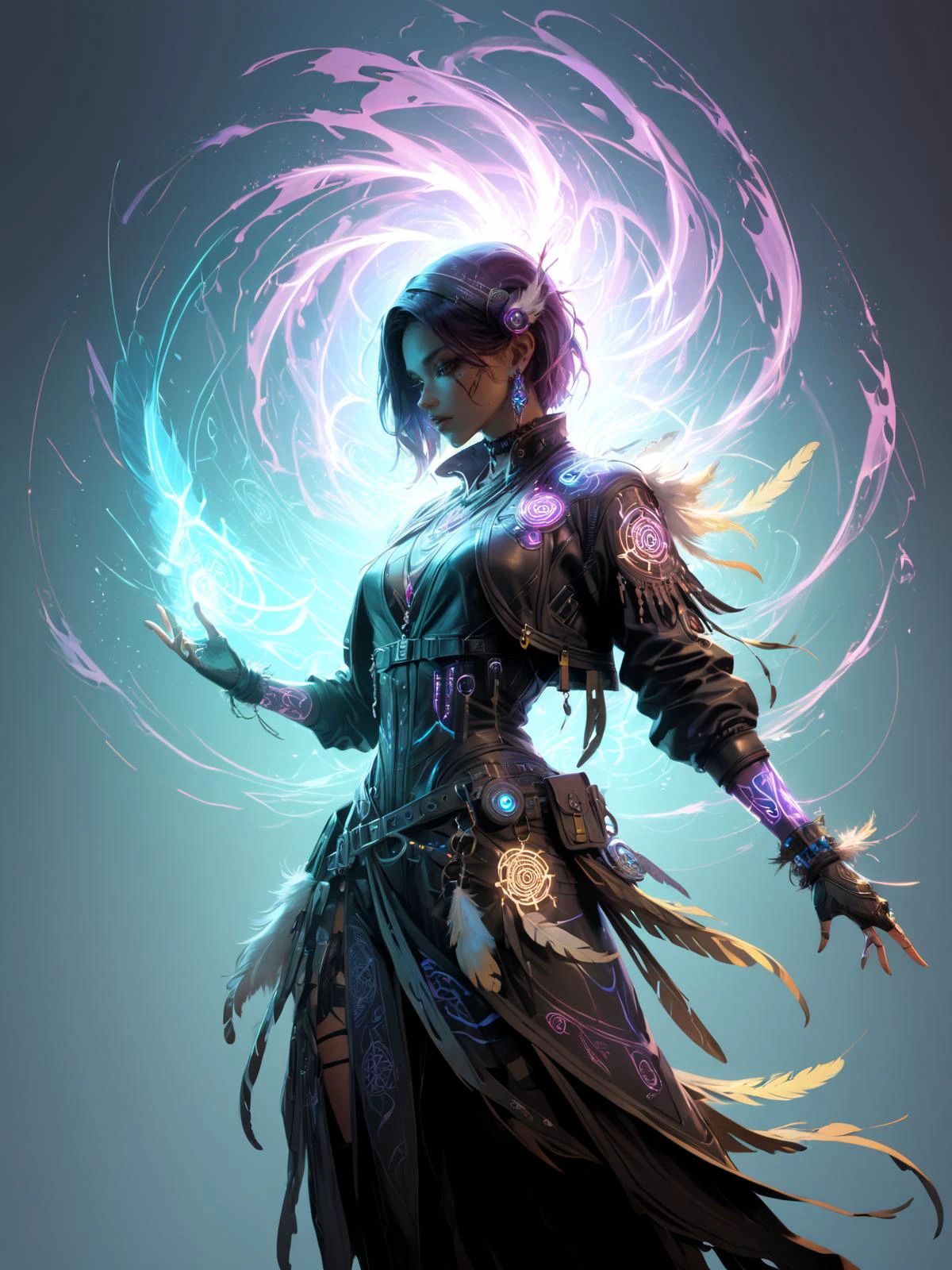 cinematic shot, dramatic lighting, woman dancing in a swirl of colorful translucant arcane energy, mad-cybrshmn, cyberpunk, magic circle, ornated clothing, talisman, leather frills, (feathers:1.4) <lora:Neon_Cyberpunk_SDXL_Cybershaman:0.6> <lora:artfullyNETHERMAGE:0.6> Artnthrmg, (masterpiece:1.2), best quality, (hyperdetailed, highest detailed:1.2), high resolution textures