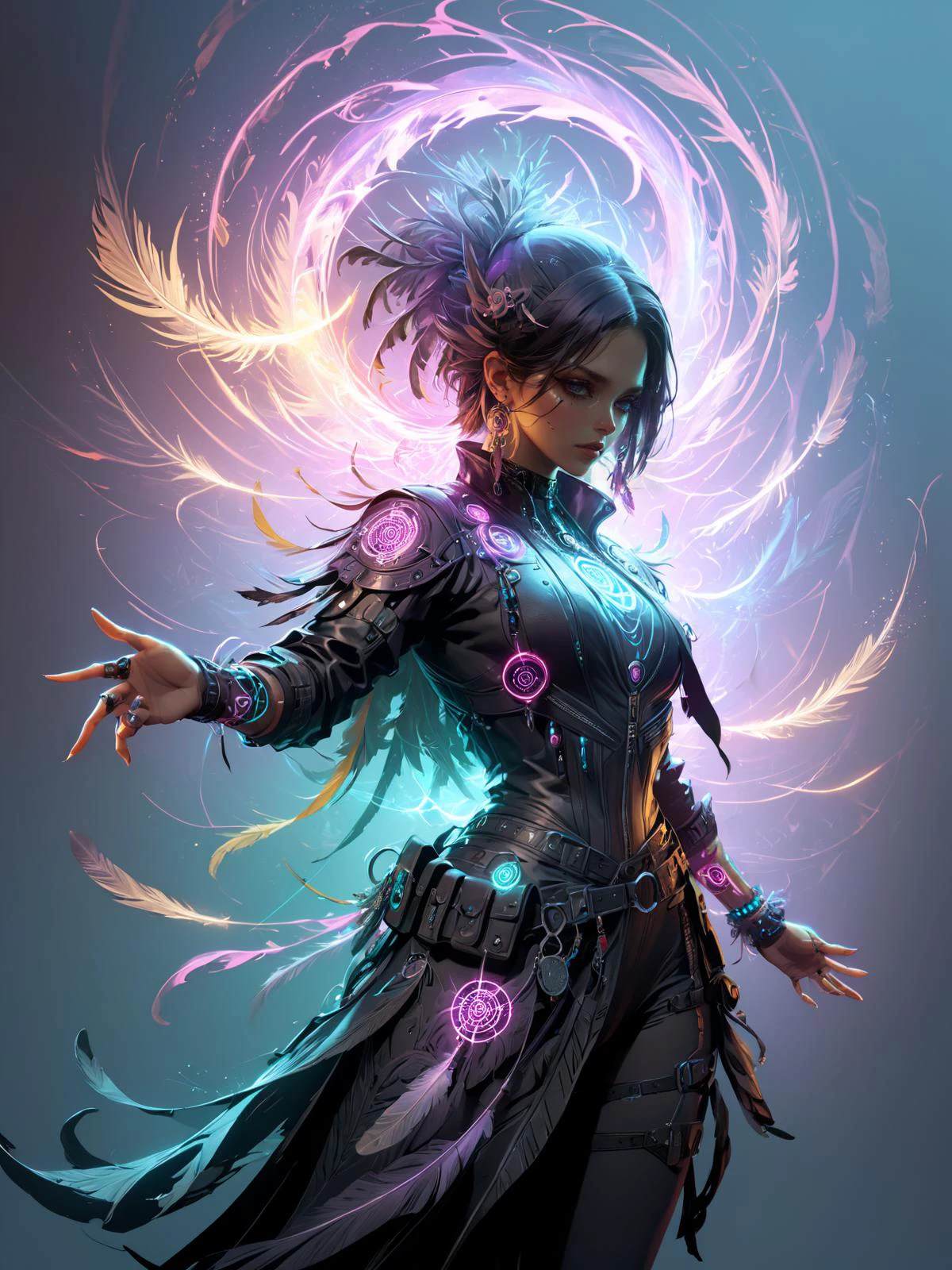 cinematic shot, dramatic lighting, woman dancing in a swirl of colorful translucant arcane energy, mad-cybrshmn, cyberpunk, magic circle, ornated clothing, talisman, leather frills, (feathers:1.4) <lora:Neon_Cyberpunk_SDXL_Cybershaman:0.6> <lora:artfullyNETHERMAGE:0.6> Artnthrmg, (masterpiece:1.2), best quality, (hyperdetailed, highest detailed:1.2), high resolution textures