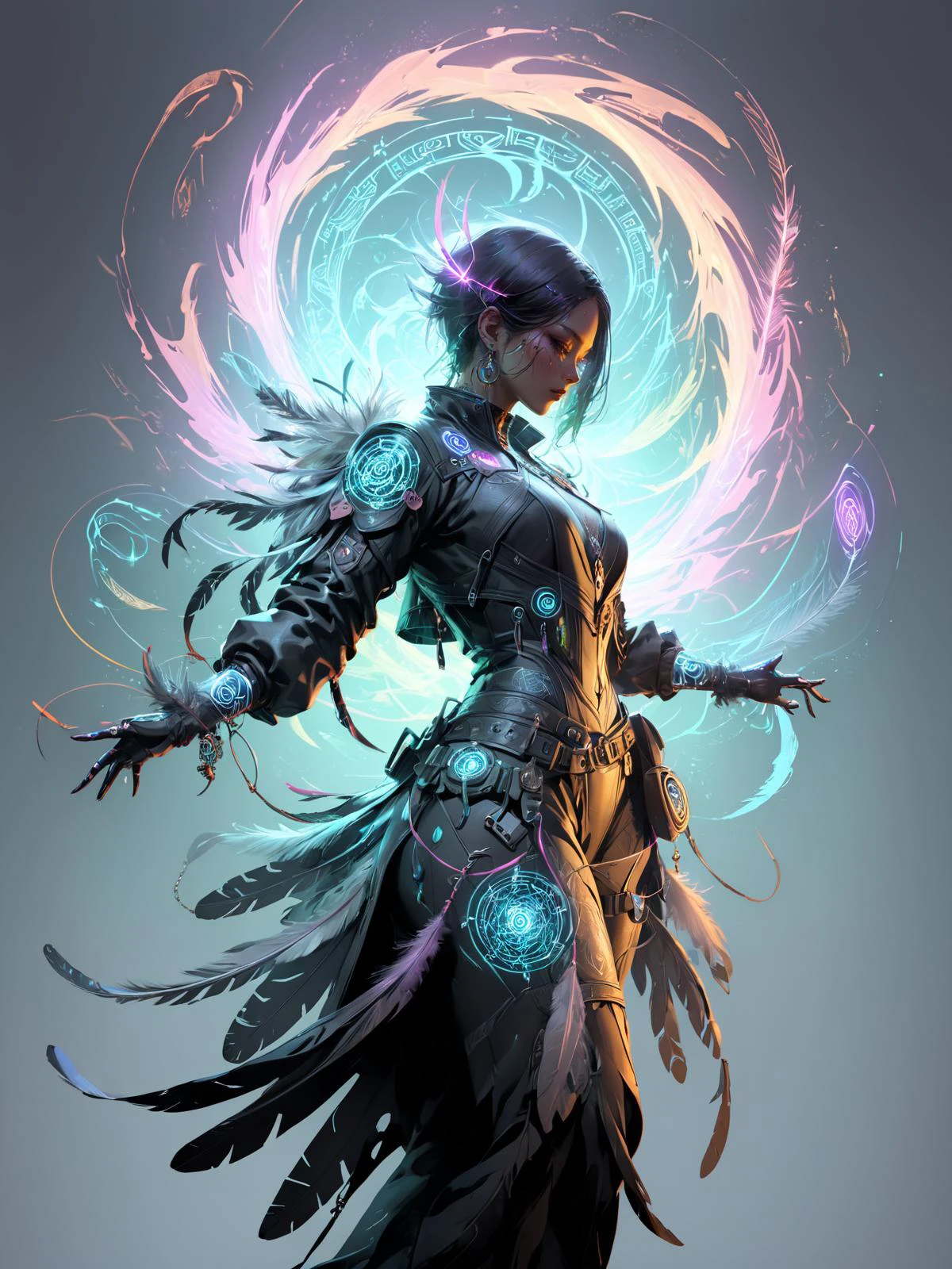 cinematic shot, dramatic lighting, woman dancing in a swirl of colorful translucant arcane energy, mad-cybrshmn, cyberpunk, magic circle, ornated clothing, talisman, leather frills, (feathers:1.4) <lora:Neon_Cyberpunk_SDXL_Cybershaman:0.6> <lora:artfullyNETHERMAGE:0.6> Artnthrmg, (masterpiece:1.2), best quality, (hyperdetailed, highest detailed:1.2), high resolution textures