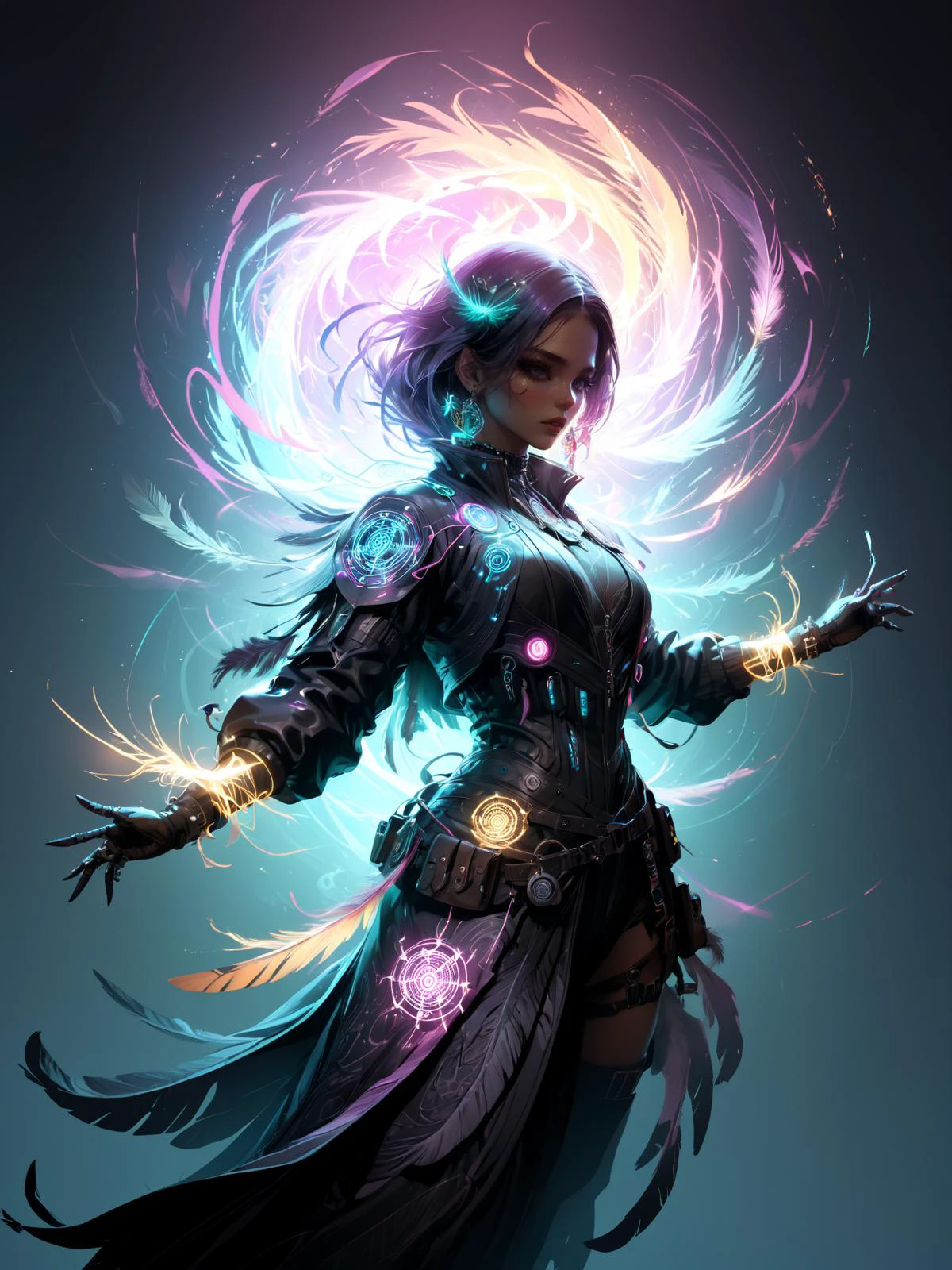 cinematic shot, dramatic lighting, woman dancing in a swirl of colorful translucant arcane energy, mad-cybrshmn, cyberpunk, magic circle, ornated clothing, talisman, leather frills, (feathers:1.4) <lora:Neon_Cyberpunk_SDXL_Cybershaman:0.6> <lora:artfullyNETHERMAGE:0.6> Artnthrmg, (masterpiece:1.2), best quality, (hyperdetailed, highest detailed:1.2), high resolution textures