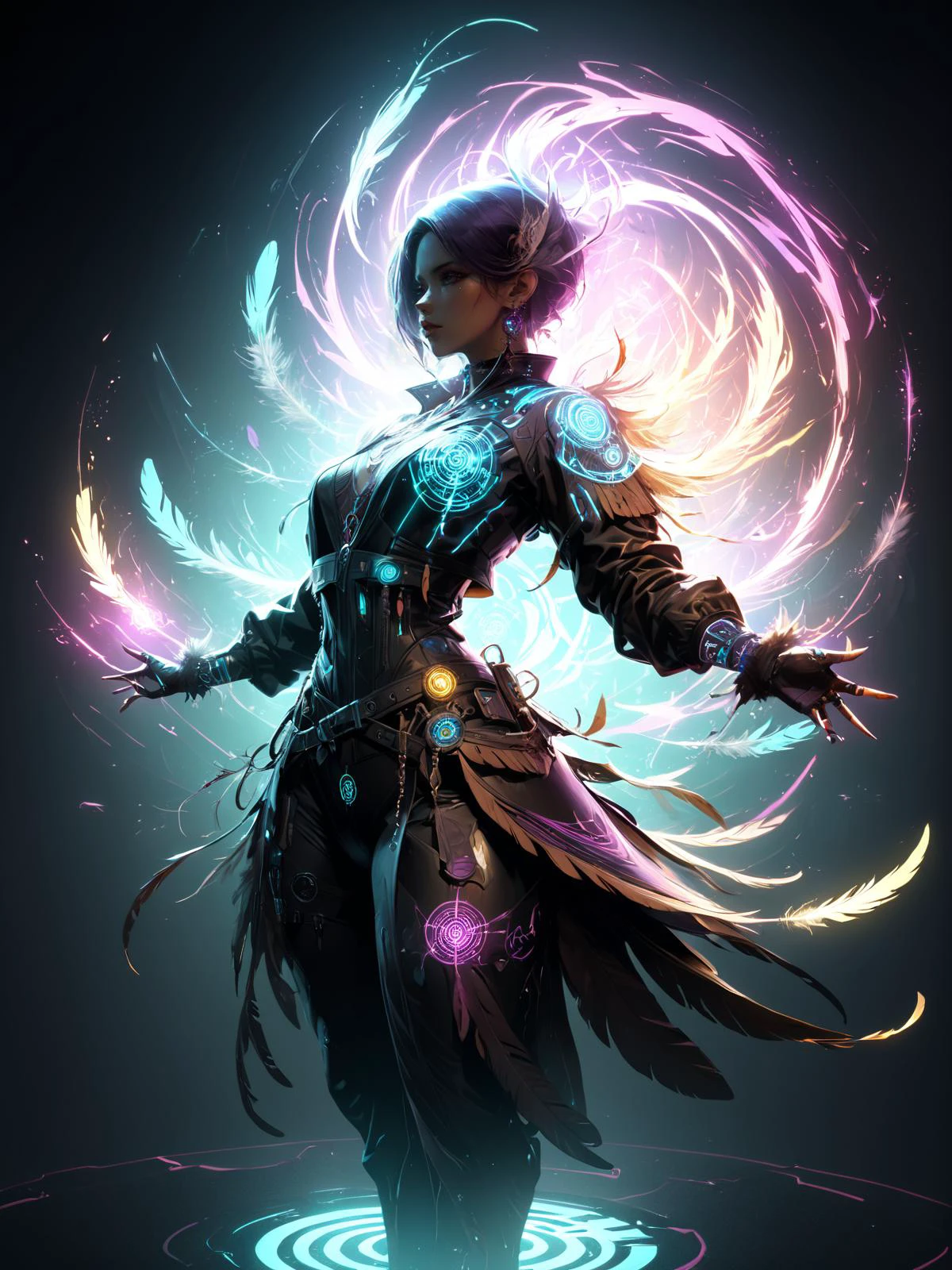 cinematic shot, dramatic lighting, woman dancing in a swirl of colorful translucant arcane energy, mad-cybrshmn, cyberpunk, magic circle, ornated clothing, talisman, leather frills, (feathers:1.4) <lora:Neon_Cyberpunk_SDXL_Cybershaman:0.6> <lora:artfullyNETHERMAGE:0.6> Artnthrmg, (masterpiece:1.2), best quality, (hyperdetailed, highest detailed:1.2), high resolution textures
