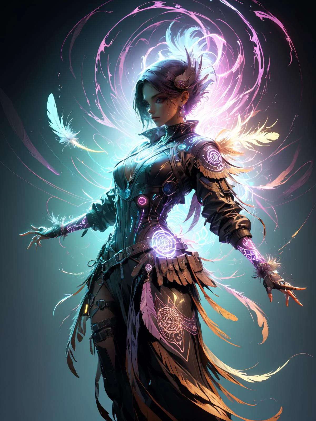 cinematic shot, dramatic lighting, woman dancing in a swirl of colorful translucant arcane energy, mad-cybrshmn, cyberpunk, magic circle, ornated clothing, talisman, leather frills, (feathers:1.4) <lora:Neon_Cyberpunk_SDXL_Cybershaman:0.6> <lora:artfullyNETHERMAGE:0.6> Artnthrmg, (masterpiece:1.2), best quality, (hyperdetailed, highest detailed:1.2), high resolution textures