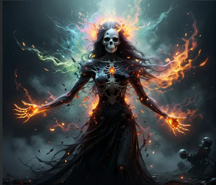 Artnthrmg, detailed realistic scene, Prime lens, Low Angle, epic, the dark goddess of the end dances the dance of destruction and death, all living things flee or die, long black hair, long black worn dress, fog, skulls, corpses, skeletons, dark colors, vibrant colors, soft cinematic light, hdr, intricate, highly detailed, ((depth of field)), Create long narrow light sources for dramatic lighting effects, foreground elements. <lora:Embers_Style_SDXL:0.5><lora:add-detail-xl:1.0> <lora:artfullyNETHERMAGE:0.6>