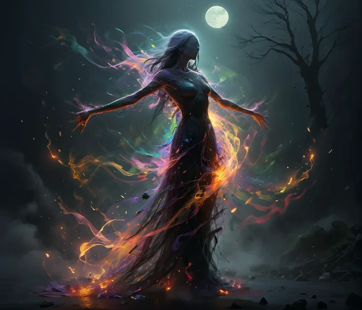Artnthrmg, detailed realistic scene, Wide-angle lens, Low Angle, epic, the dark goddess of the end dances the dance of destruction and death, all living things flee or die, long black hair, long black worn dress, fog, dark colors, vibrant colors, soft cinematic light, hdr, intricate, detailed face, ((depth of field)), Create long narrow light sources for dramatic lighting effects, foreground and background elements. <lora:Embers_Style_SDXL:0.5><lora:add-detail-xl:1.0> <lora:artfullyNETHERMAGE:0.8>