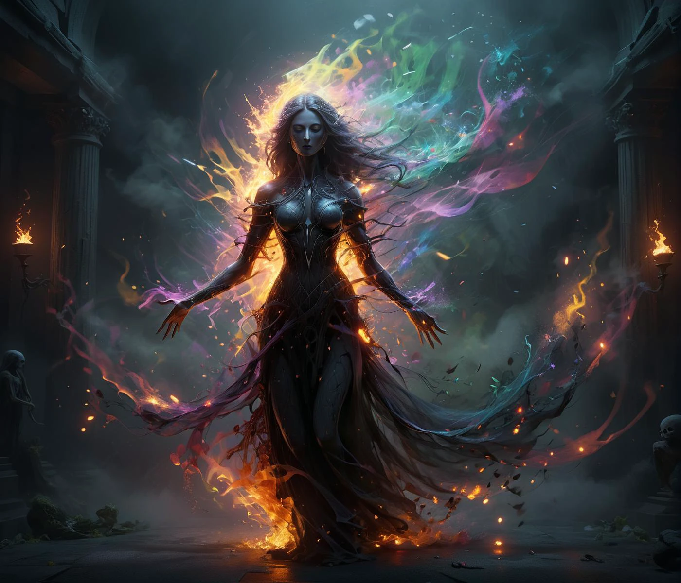 Artnthrmg, detailed realistic scene, Wide-angle lens, Low Angle, epic, the dark goddess of the end dances the dance of destruction and death, all living things flee or die, long black hair, long black worn dress, fog, dark colors, vibrant colors, soft cinematic light, hdr, intricate, detailed face, ((depth of field)), Create long narrow light sources for dramatic lighting effects, foreground and background elements. <lora:Embers_Style_SDXL:0.5><lora:add-detail-xl:1.0> <lora:artfullyNETHERMAGE:0.8>