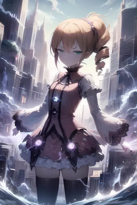 best quality, masterpiece, highres, detailed, digital artwork, <lora:Detail - add_detail:0.2>, EcarlateJSP, pink dress, white sleeves, green eyes, drill hair, ponytail, empty eyes, outdoors, <lora:EcarlateJSP:1>
\(é­æ³ææ,å¼·ååæ+é­æ³ææå¼·\),THUNDERMAGIC,CHARGED AURA<lora:ThunderMagic-22:0.8>
(city:1.5)
,half-closed eyes,
\(å»¢å¢\),ruins